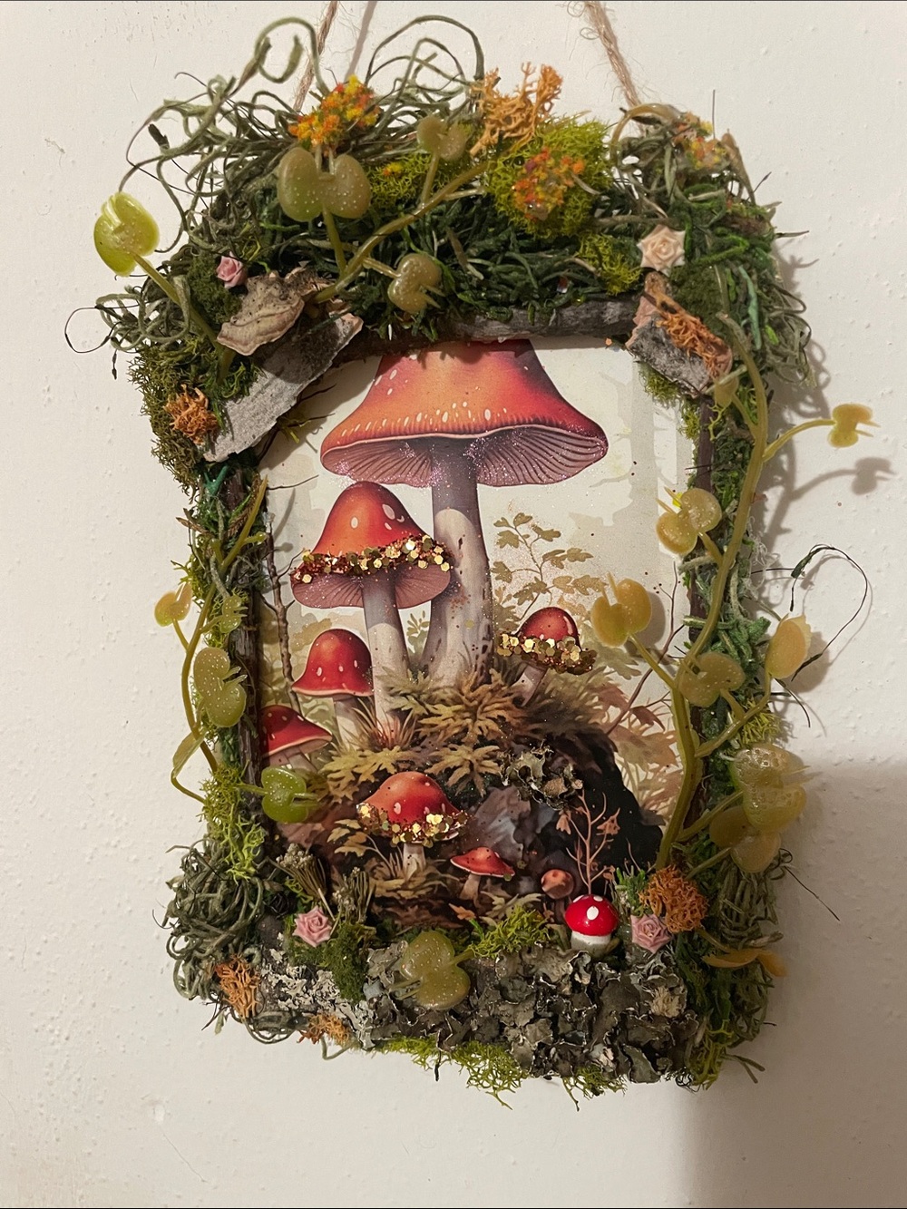 Whimsical Mushroom Wall Art with handcrafted Moss Frame Forest nature fairy core